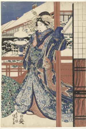 Mujer en Jardín de Invierno con Kimono Koi | Utagawa Kunisada