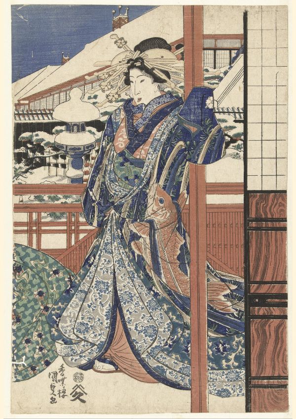 Mujer en Jardín de Invierno con Kimono Koi | Utagawa Kunisada