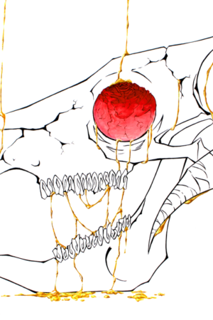 Cráneo de vaca con rosa y oro